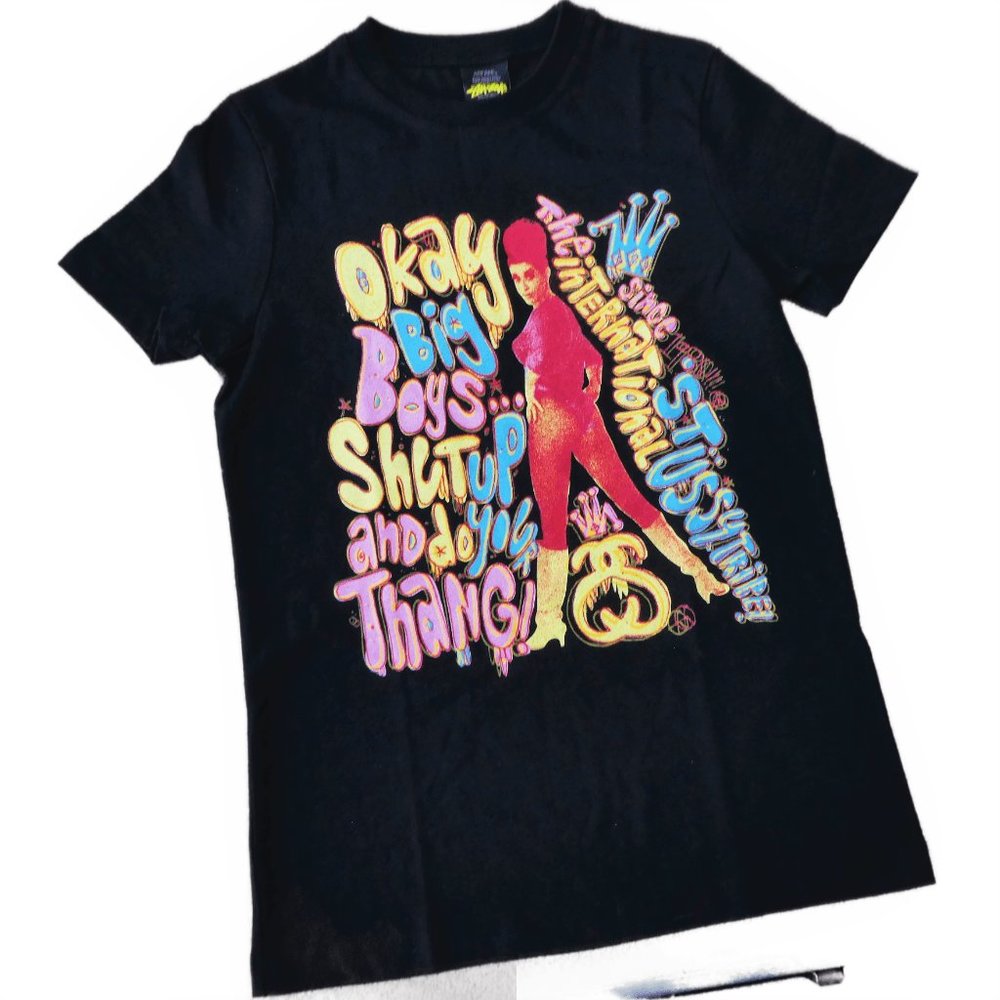 Vintage USA 90s Stussy Tee T Shirt International Neon Okay Big Boys Black Cotton